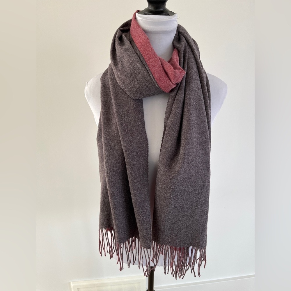 SHAWL Oversized Scarf Reversible Grey Burgundy Fringe Soft Cozy Winter Travel